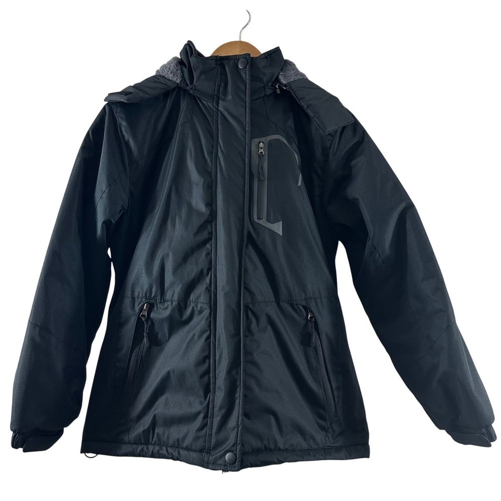 M Black Hooded Parka Jacket Faux Fur Trim Fleece Lined Winter Coat Small